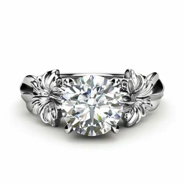 Hibiscus Flower Natural Diamond White Gold Engagement Ring