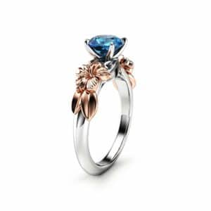 Floral Blue Diamond Engagement Ring for Women in 14k White Gold / Unique Engagement Ring / Gold Flower Engagement Ring / Blue Diamond Ring