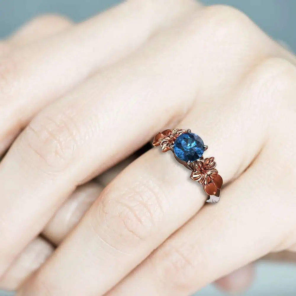 Floral Blue Diamond Engagement Ring for Women in 14k White Gold / Unique Engagement Ring / Gold Flower Engagement Ring / Blue Diamond Ring 5 Floral Blue Diamond Engagement Ring for Women in 14k White Gold / Unique Engagement Ring / Gold Flower Engagement Ring / Blue Diamond Ring