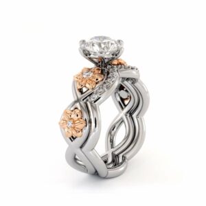 Moissanite Engagement Ring Set 14K Two Tone Gold Ring Flower Engagement Ring
