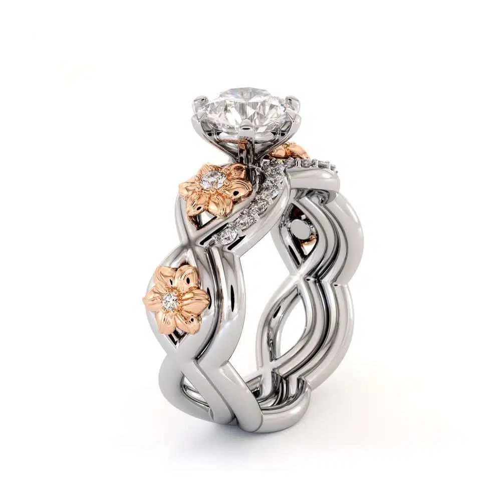Moissanite Engagement Ring Set 14K Two Tone Gold Ring Flower Engagement Ring
