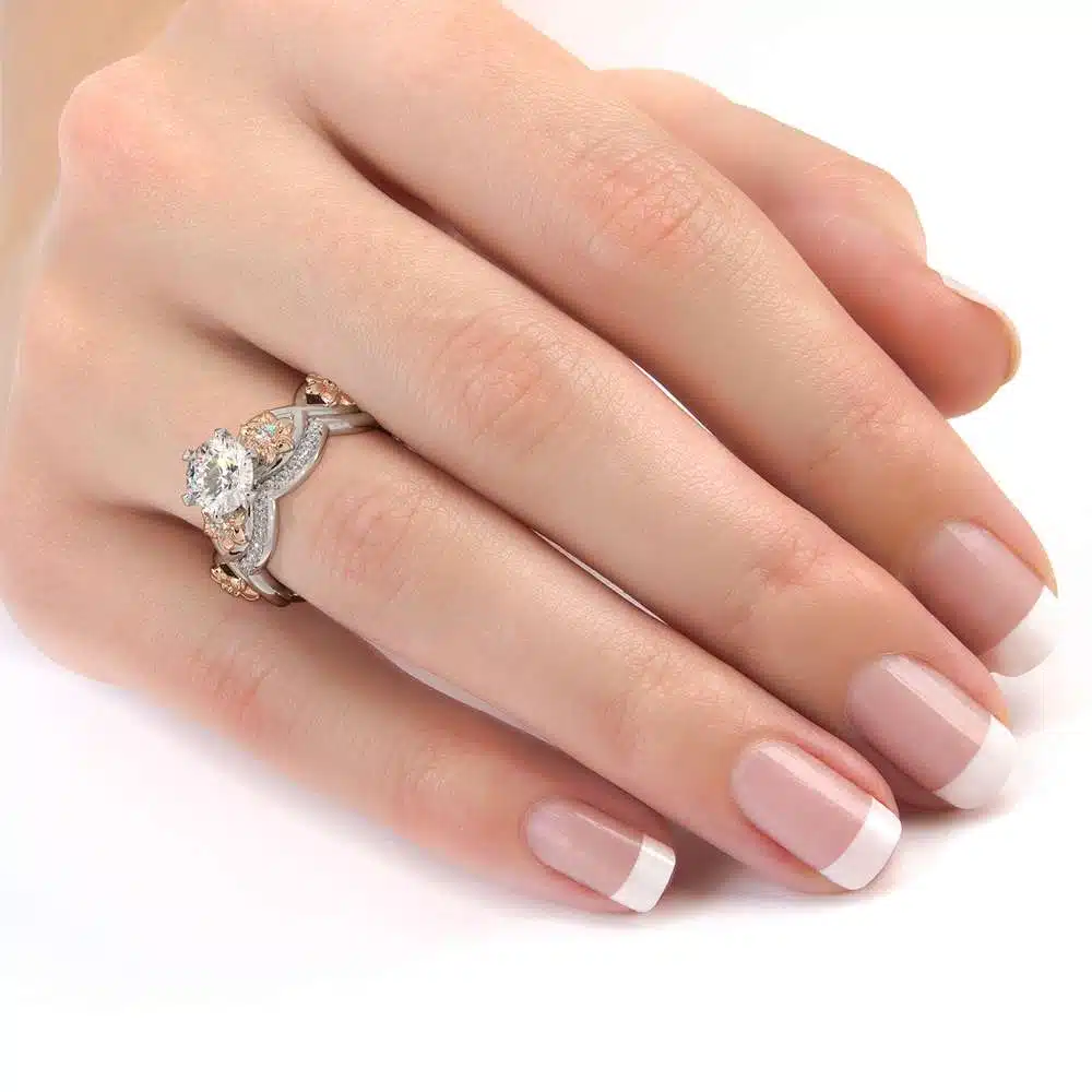 Moissanite Engagement Ring Set 14K Two Tone Gold Ring Flower Engagement Ring