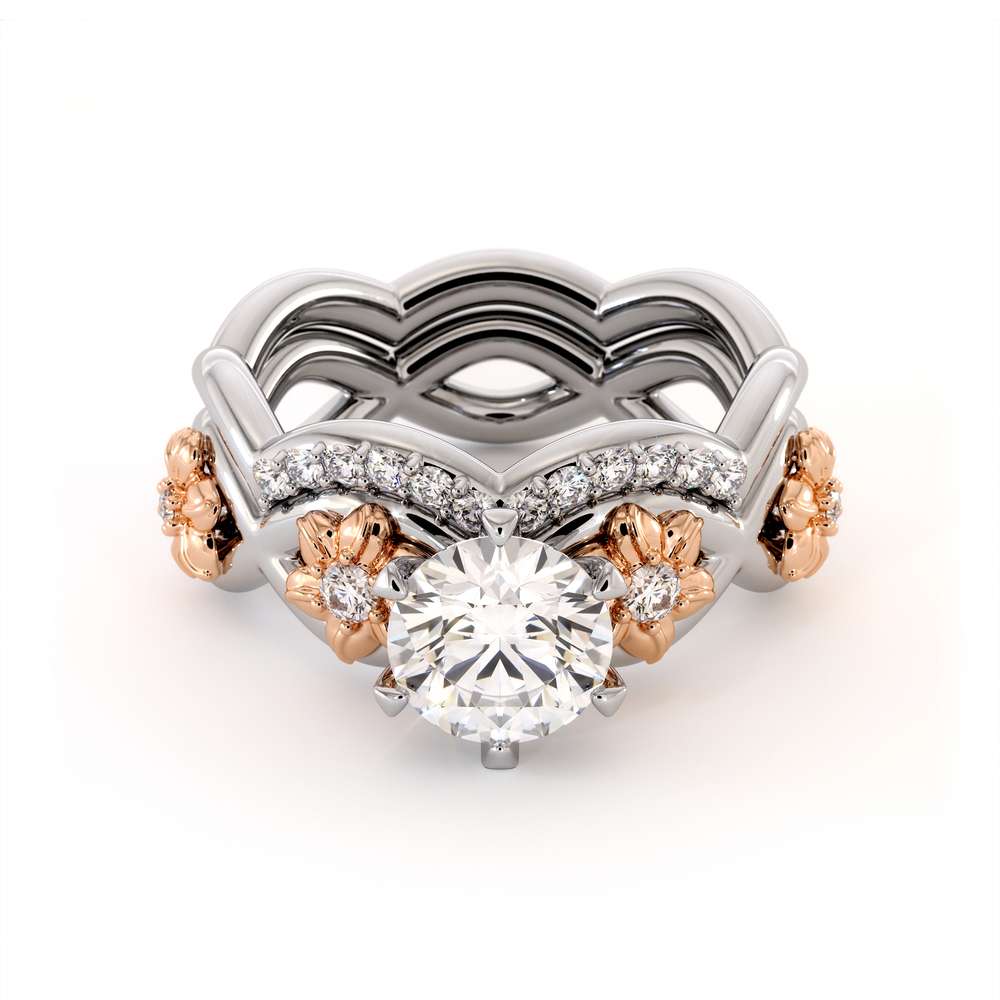 Moissanite Engagement Ring Set 14K Two Tone Gold Ring Flower Engagement Ring