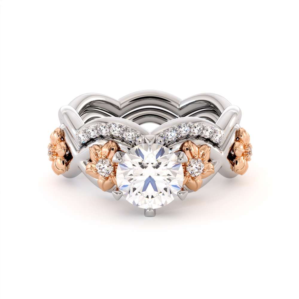 Moissanite Engagement Ring Set 14K Two Tone Gold Ring Flower Engagement Ring