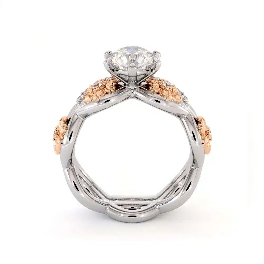 Moissanite Engagement Ring Set 14K Two Tone Gold Ring Flower Engagement Ring