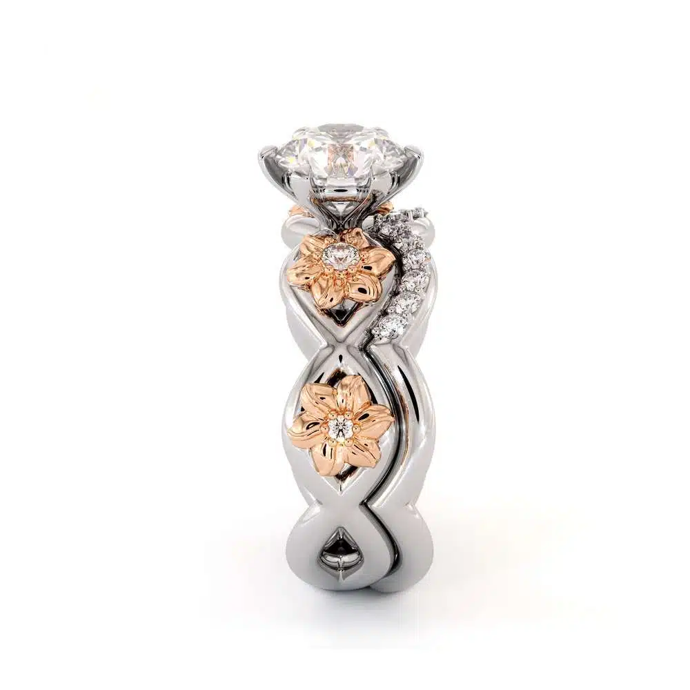 Moissanite Engagement Ring Set 14K Two Tone Gold Ring Flower Engagement Ring