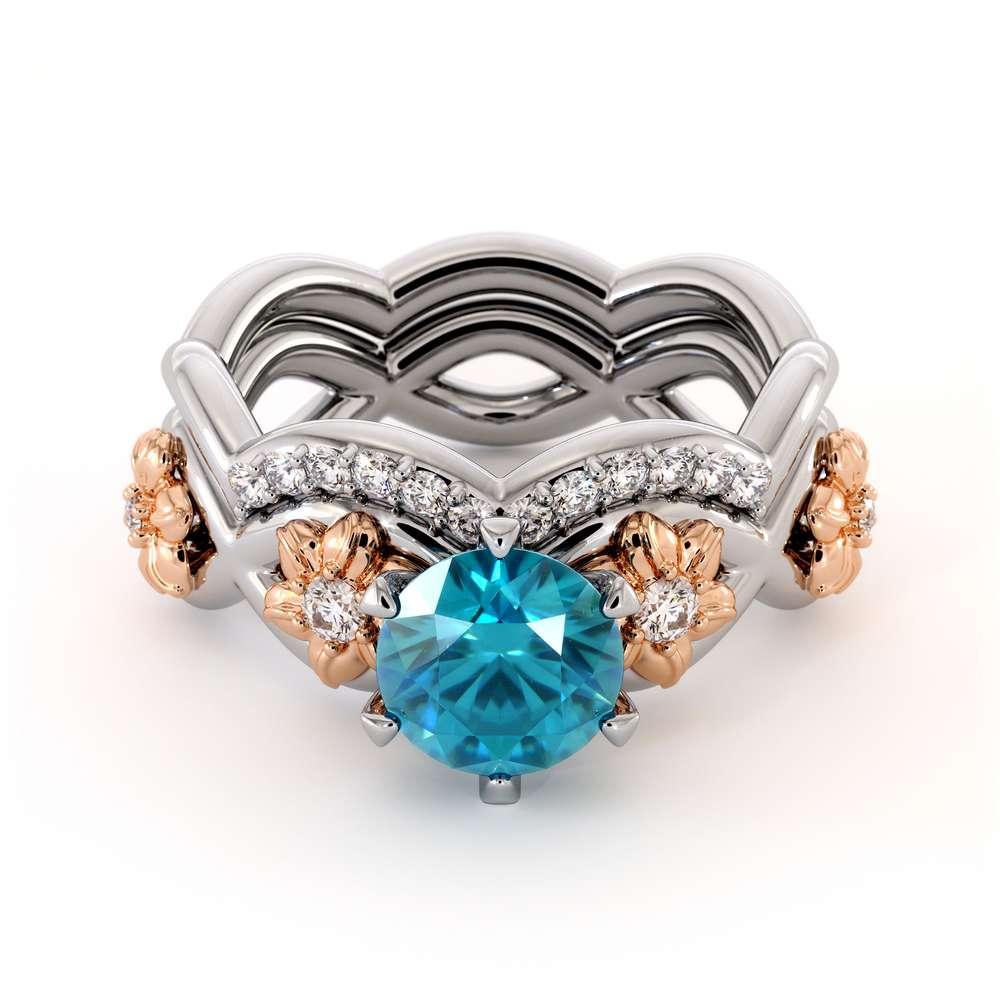 Blue Diamond Engagement Ring Set 14K White & Rose Gold Ring Flower Engagement Ring