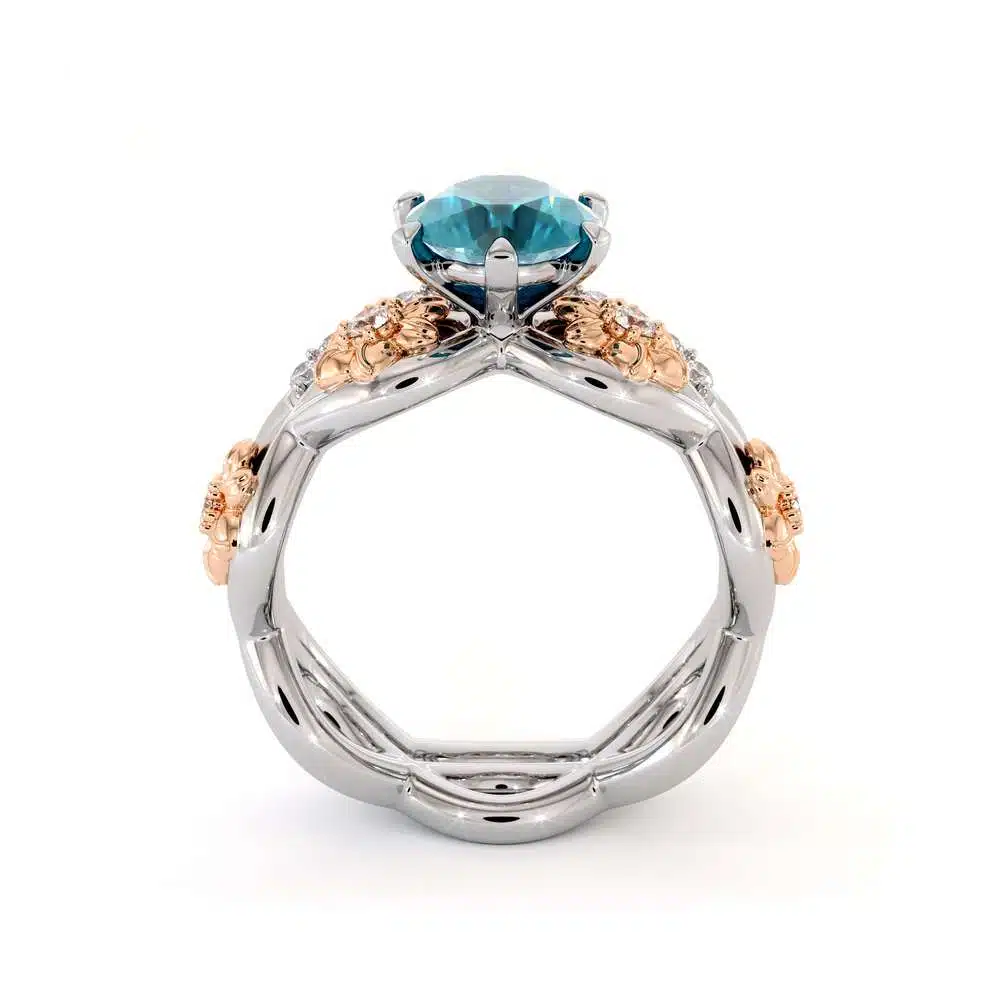 Blue Diamond Engagement Ring Set 14K White & Rose Gold Ring Flower Engagement Ring