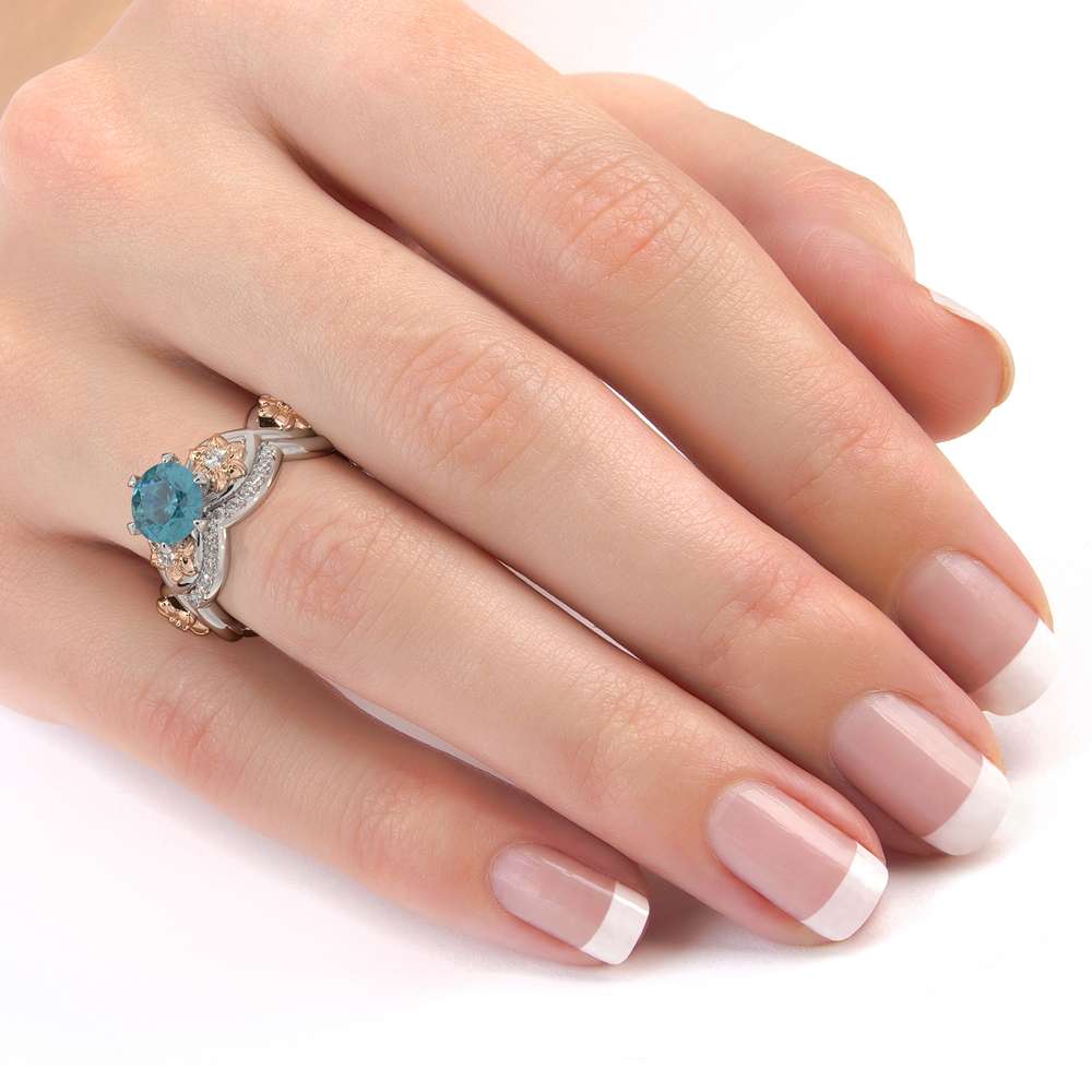 Blue Diamond Engagement Ring Set 14K White & Rose Gold Ring Flower Engagement Ring 7 Blue Diamond Engagement Ring Set 14K White & Rose Gold Ring Flower Engagement Ring