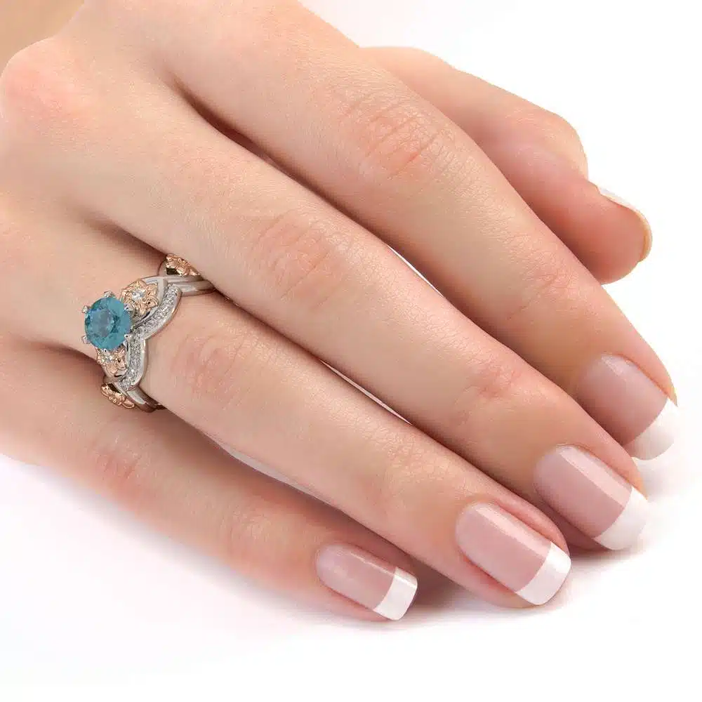 Blue Diamond Engagement Ring Set 14K White & Rose Gold Ring Flower Engagement Ring