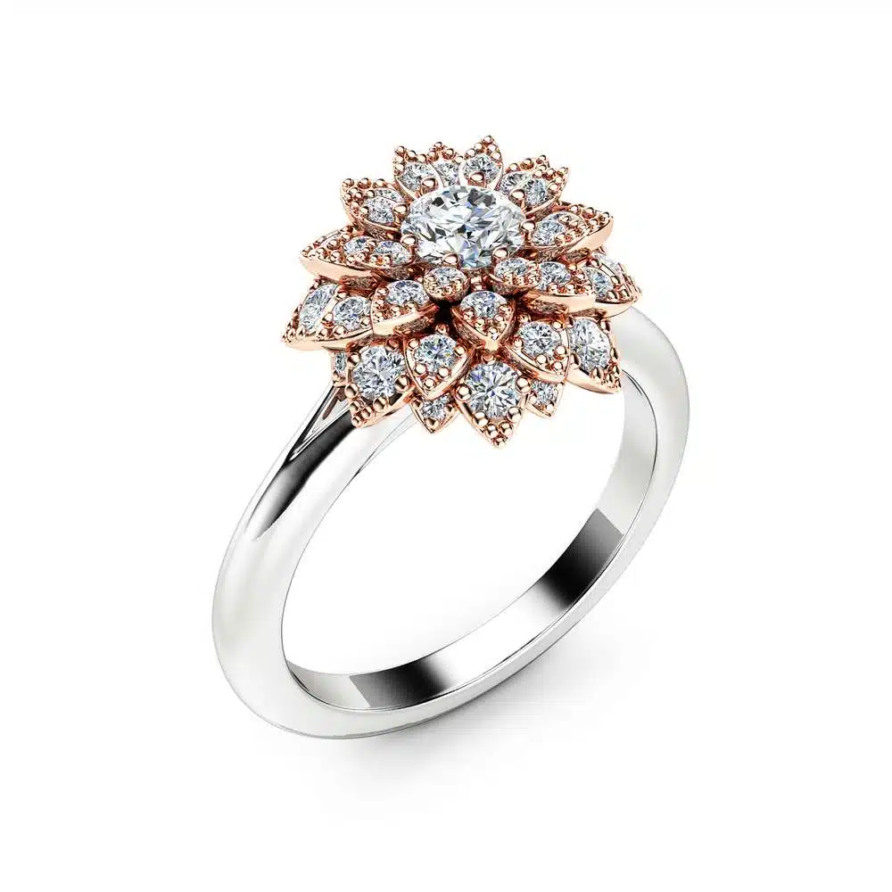 Diamond Flower Engagement Ring 14K Two Tone Gold Flower Ring Unique Diamond Engagement Ring