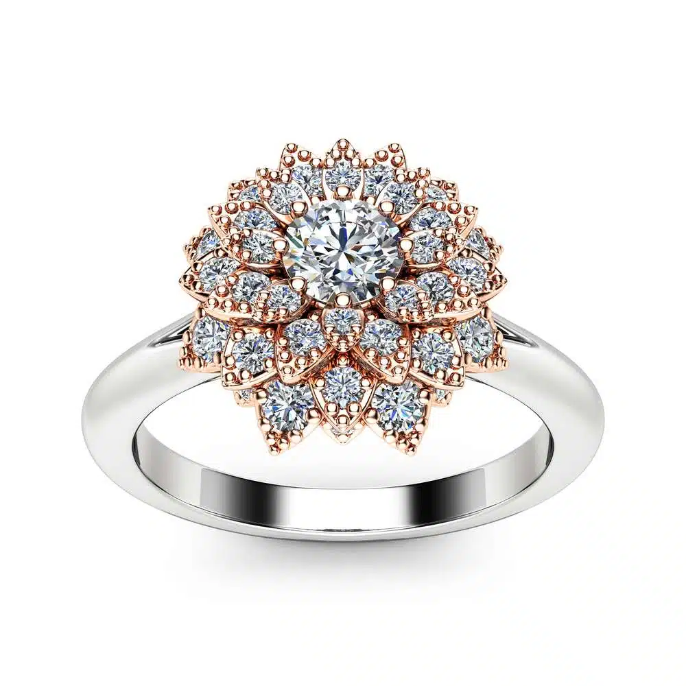 Diamond Flower Engagement Ring 14K Two Tone Gold Flower Ring Unique Diamond Engagement Ring