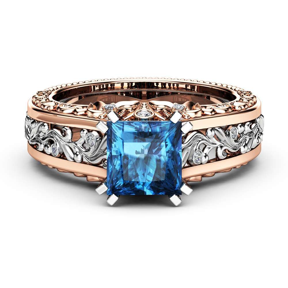Princess Blue Diamond Engagement Ring 1 Princess Blue Diamond Engagement Ring 1.5 Carat Square Diamond Ring Unique 14K Two Tone Gold Engagement Ring