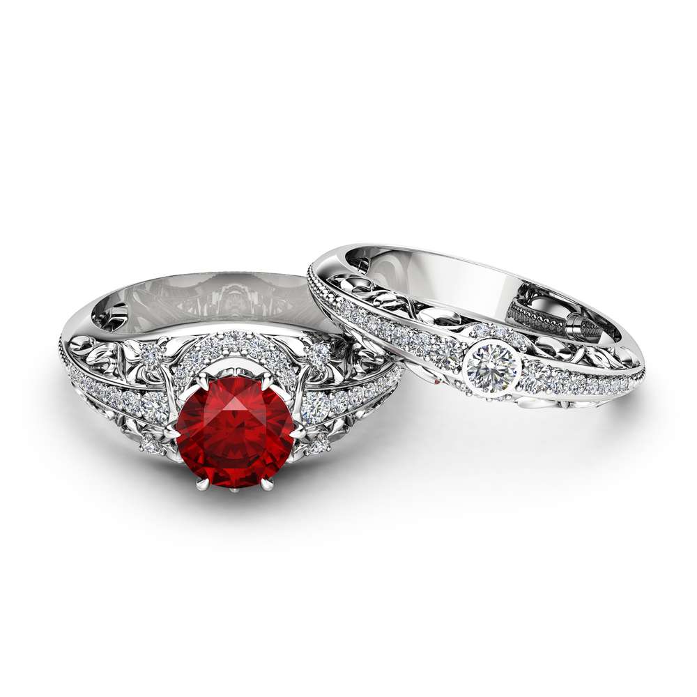 Ruby Engagement Ring Set 14K White Gold Diamonds Rings Ruby Ring and Matching Diamond Wedding Band Fine Jewelry