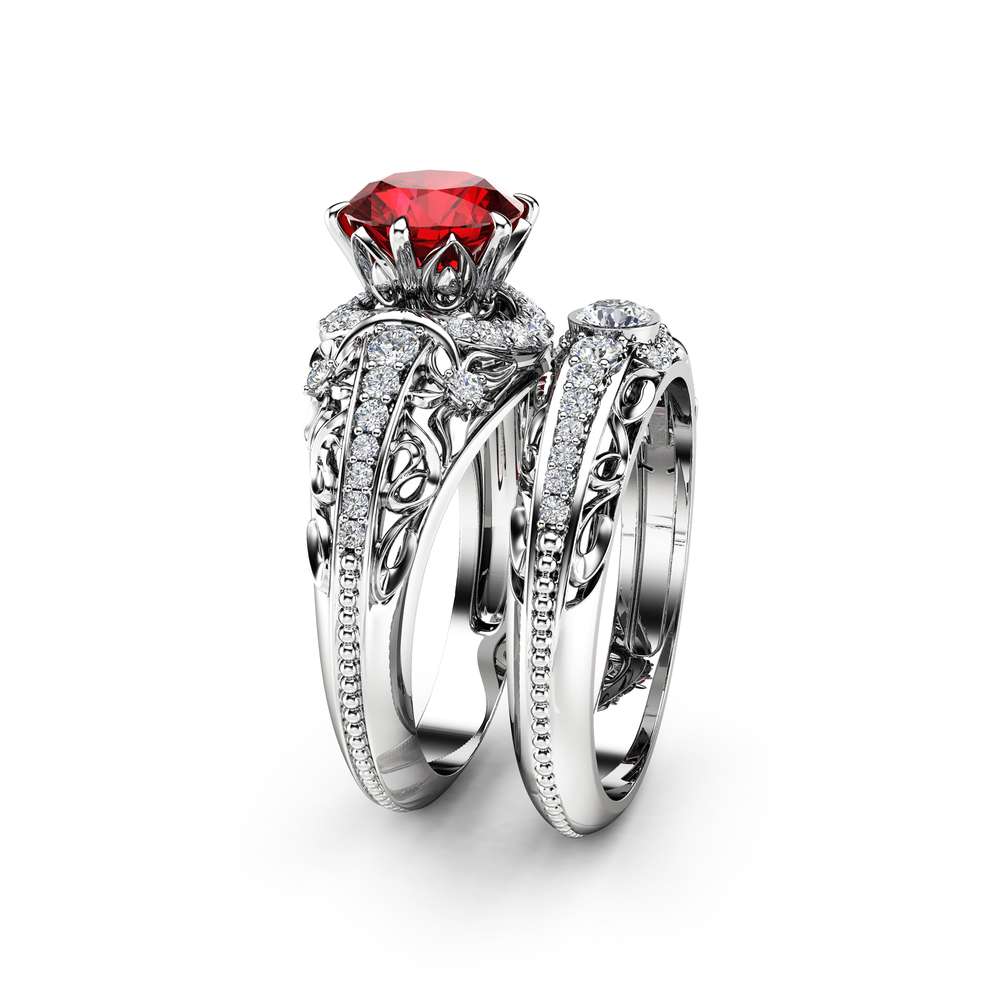Ruby Engagement Ring Set 14K White Gold Diamonds Rings Ruby Ring and Matching Diamond Wedding Band Fine Jewelry