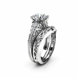 Art Deco Miligrain Moissanite Ring Set 14K White Gold Moissanite Engagement Ring Diamond Matching band
