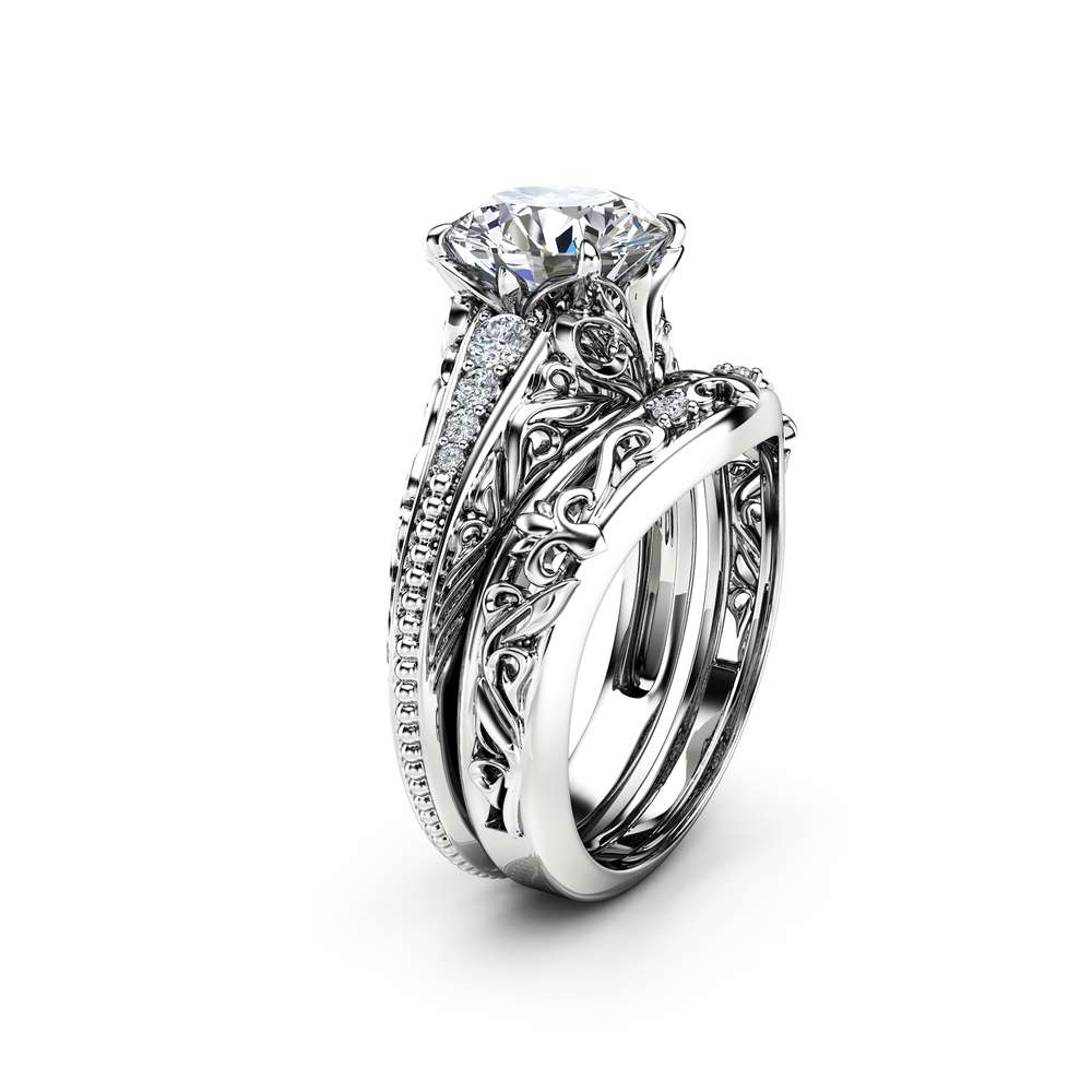 Art Deco Miligrain Moissanite Ring Set 14K White Gold Moissanite Engagement Ring Diamond Matching band 1 Art Deco Miligrain Moissanite Ring Set 14K White Gold Moissanite Engagement Ring Diamond Matching band