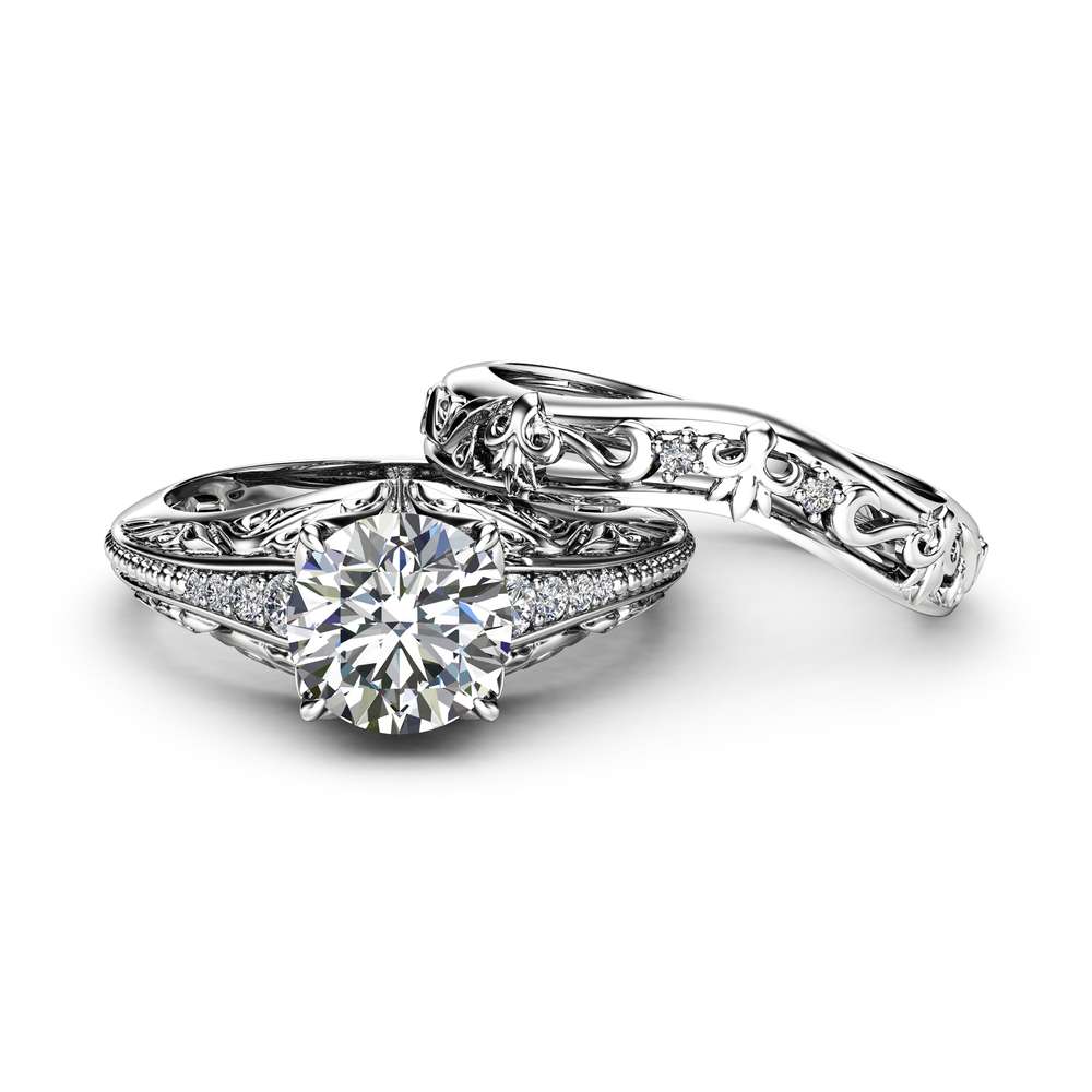 Art Deco Miligrain Moissanite Ring Set 14K White Gold Moissanite Engagement Ring Diamond Matching band 2 Art Deco Miligrain Moissanite Ring Set 14K White Gold Moissanite Engagement Ring Diamond Matching band