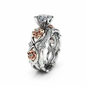 Flower Moissanite Promise Rings Princess Cut Bridal Ring Set Charles and Colvard Two Tone Gold Bands Camellia Jewelry