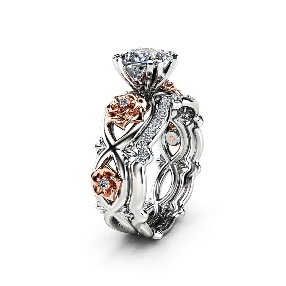 Flower Moissanite Promise Rings Princess Cut Bridal Ring Set Charles and Colvard Two Tone Gold Bands Camellia Jewelry