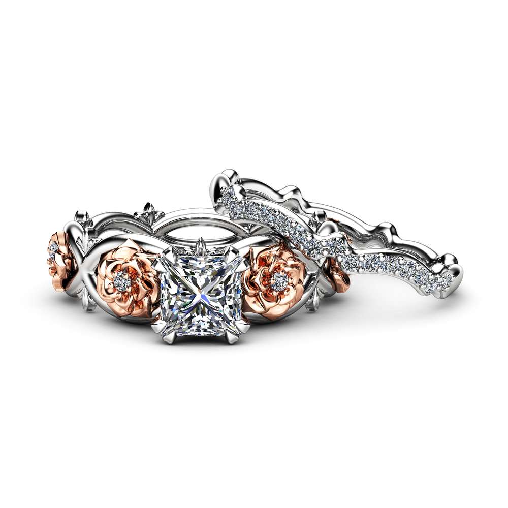 Flower Moissanite Promise Rings Princess Cut Bridal Ring Set Charles and Colvard Two Tone Gold Bands Camellia Jewelry