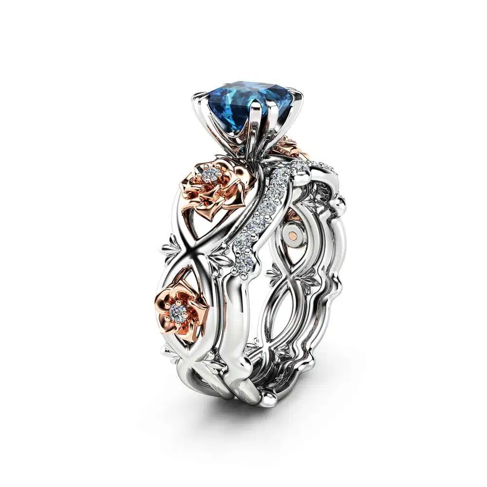 London Blue Topaz Promise Rings Princess Cut Bridal Ring Set Floral White and Rose Gold Bands Camellia Jewelry 1 London Blue Topaz Promise Rings Princess Cut Bridal Ring Set Floral White and Rose Gold Bands Camellia Jewelry