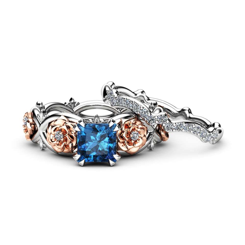 London Blue Topaz Promise Rings Princess Cut Bridal Ring Set Floral White and Rose Gold Bands Camellia Jewelry 2 London Blue Topaz Promise Rings Princess Cut Bridal Ring Set Floral White and Rose Gold Bands Camellia Jewelry