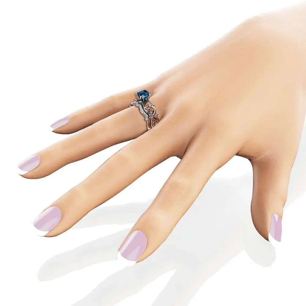 London Blue Topaz Promise Rings Princess Cut Bridal Ring Set Floral White and Rose Gold Bands Camellia Jewelry 3 London Blue Topaz Promise Rings Princess Cut Bridal Ring Set Floral White and Rose Gold Bands Camellia Jewelry
