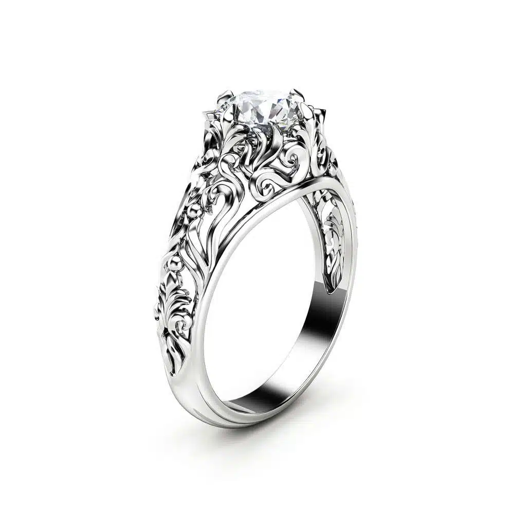 Unique Moissanite Engagement Ring 14K White Gold Filigree Promise Ring 1 Unique Moissanite Engagement Ring 14K White Gold Filigree Promise Ring