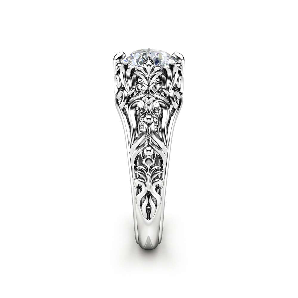 Unique Moissanite Engagement Ring 14K White Gold Filigree Promise Ring