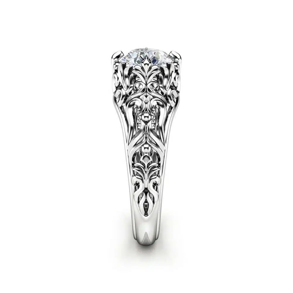 Unique Moissanite Engagement Ring 14K White Gold Filigree Promise Ring 3 Unique Moissanite Engagement Ring 14K White Gold Filigree Promise Ring