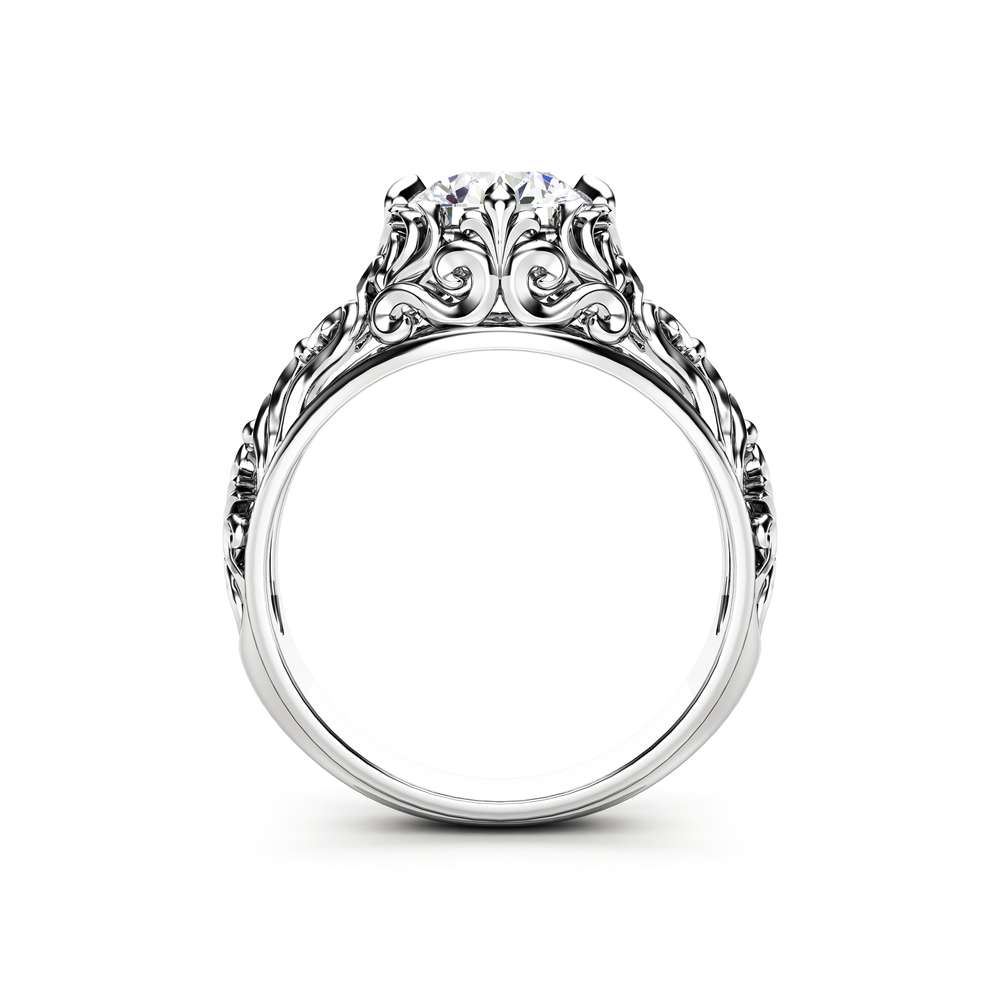 Unique Moissanite Engagement Ring 14K White Gold Filigree Promise Ring