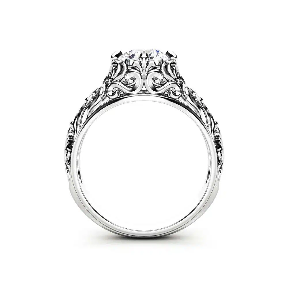 Unique Moissanite Engagement Ring 14K White Gold Filigree Promise Ring 4 Unique Moissanite Engagement Ring 14K White Gold Filigree Promise Ring