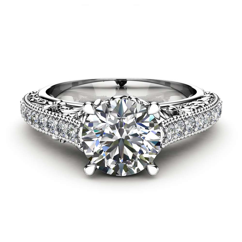 Vintage Engagement Ring Side Diamonds & Moissanite Ring 14k White Gold Vintage Ring