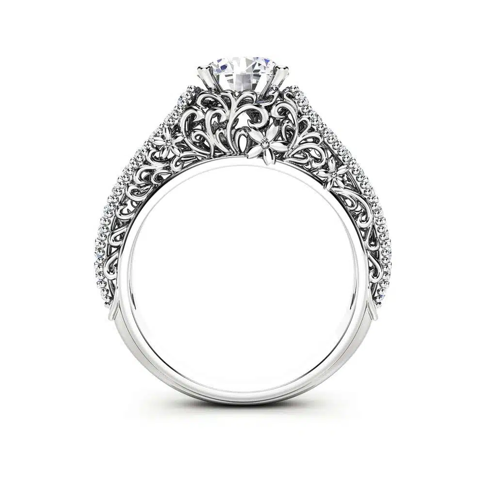Vintage Engagement Ring Side Diamonds & Moissanite Ring 14k White Gold Vintage Ring