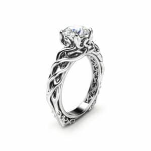 Braided Engagement Ring 18K White Gold Celtic Ring Solitaire Moissanite Engagement Ring Anniversary Gift