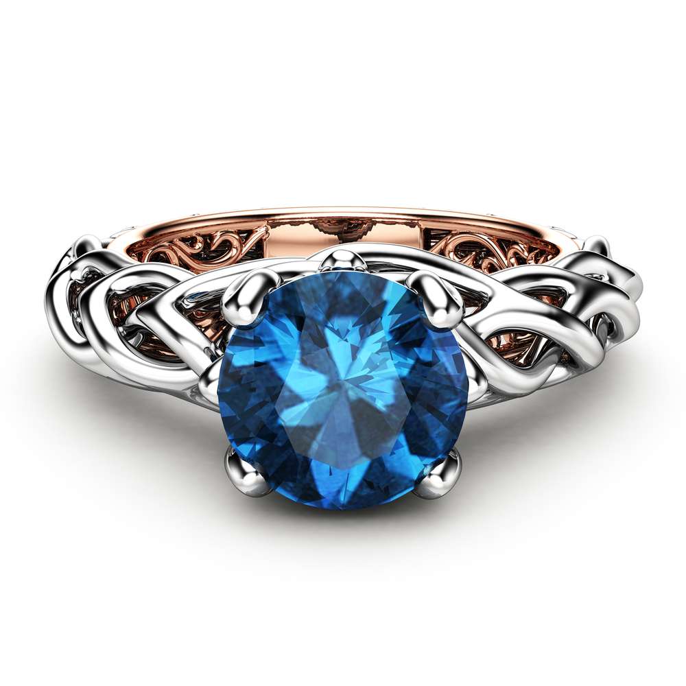 Diamond Braided Engagement Ring 18K Two Tone Gold Celtic Ring Solitaire Blue Diamond Engagement Ring Anniversary Gift