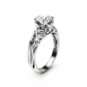 Moissanite Antique Engagement Ring Unusual Moissanite Anniversary Ring 14K White Gold Ring
