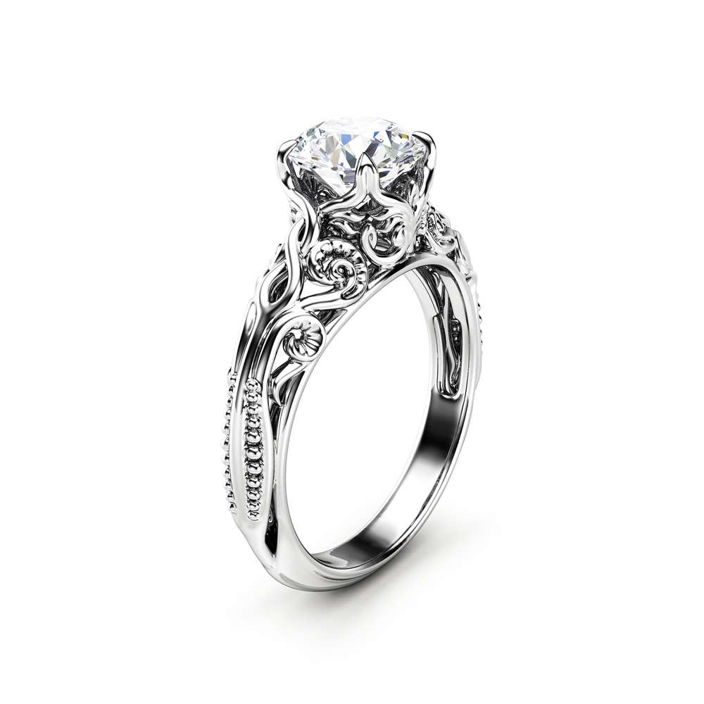 Moissanite Antique Engagement Ring Unusual Moissanite Anniversary Ring 14K White Gold Ring