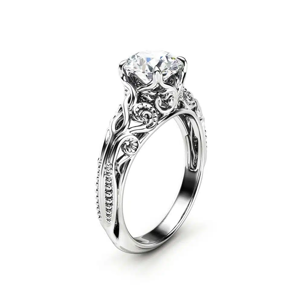 Moissanite Antique Engagement Ring Unusual Moissanite Anniversary Ring 14K White Gold Ring
