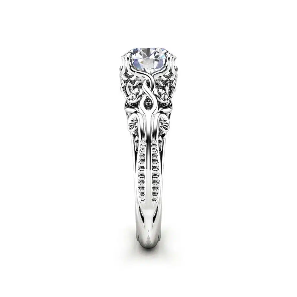 Moissanite Antique Engagement Ring Unusual Moissanite Anniversary Ring 14K White Gold Ring
