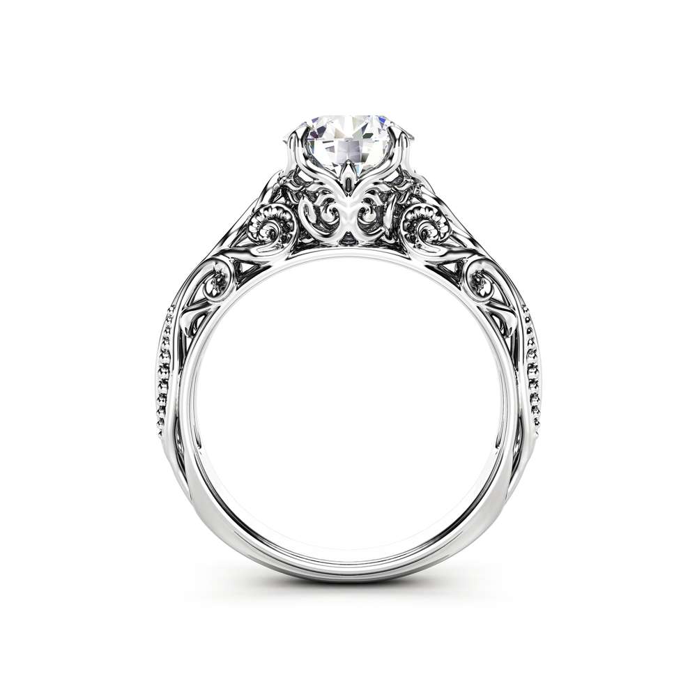 Moissanite Antique Engagement Ring Unusual Moissanite Anniversary Ring 14K White Gold Ring