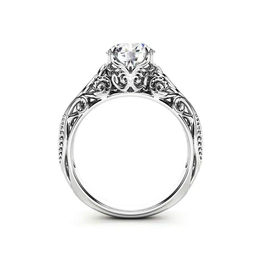 Moissanite Antique Engagement Ring Unusual Moissanite Anniversary Ring 14K White Gold Ring