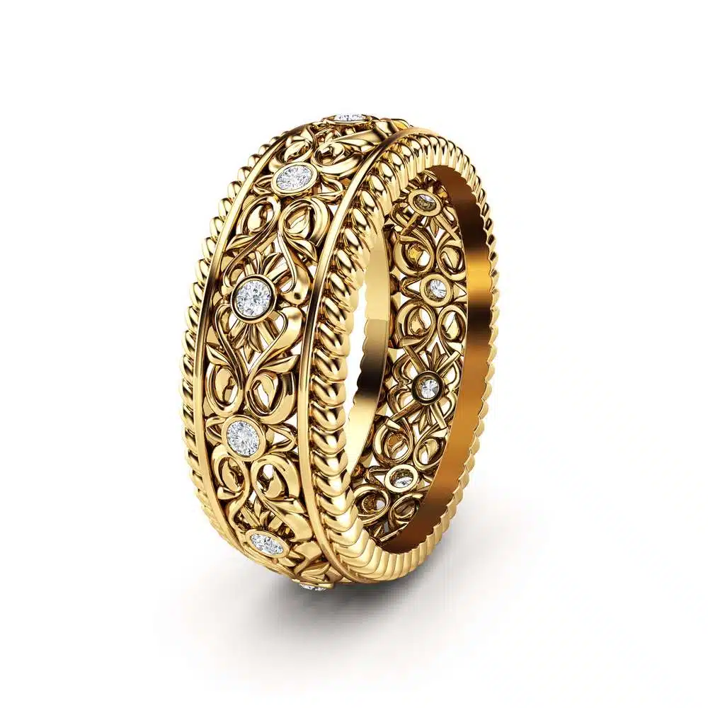 Mens Wedding Band Gold Wedding Ring Art Deco Wedding Band