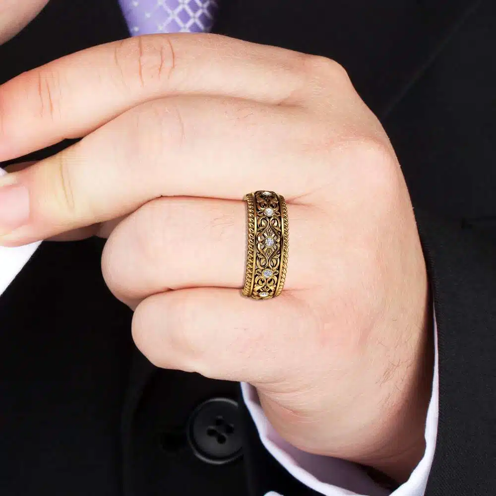 Mens Wedding Band Gold Wedding Ring Art Deco Wedding Band