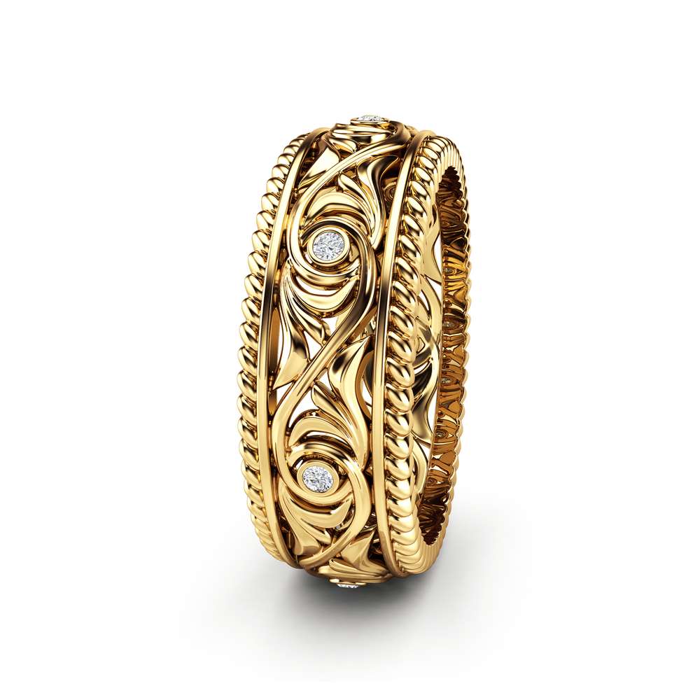 Diamond Wedding Ring 14K Yellow Gold Ring Art Deco Men's Wedding Band