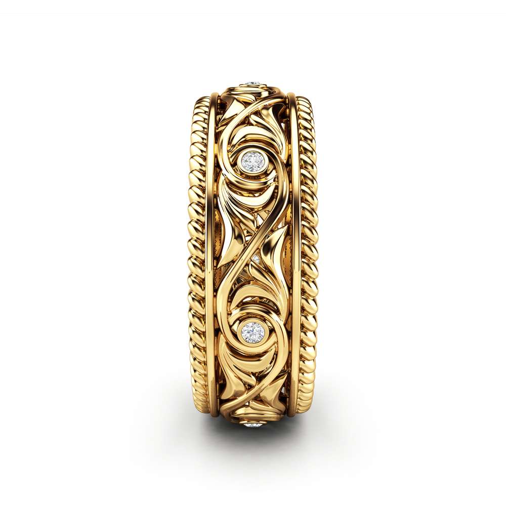 Diamond Wedding Ring 14K Yellow Gold Ring Art Deco Men's Wedding Band