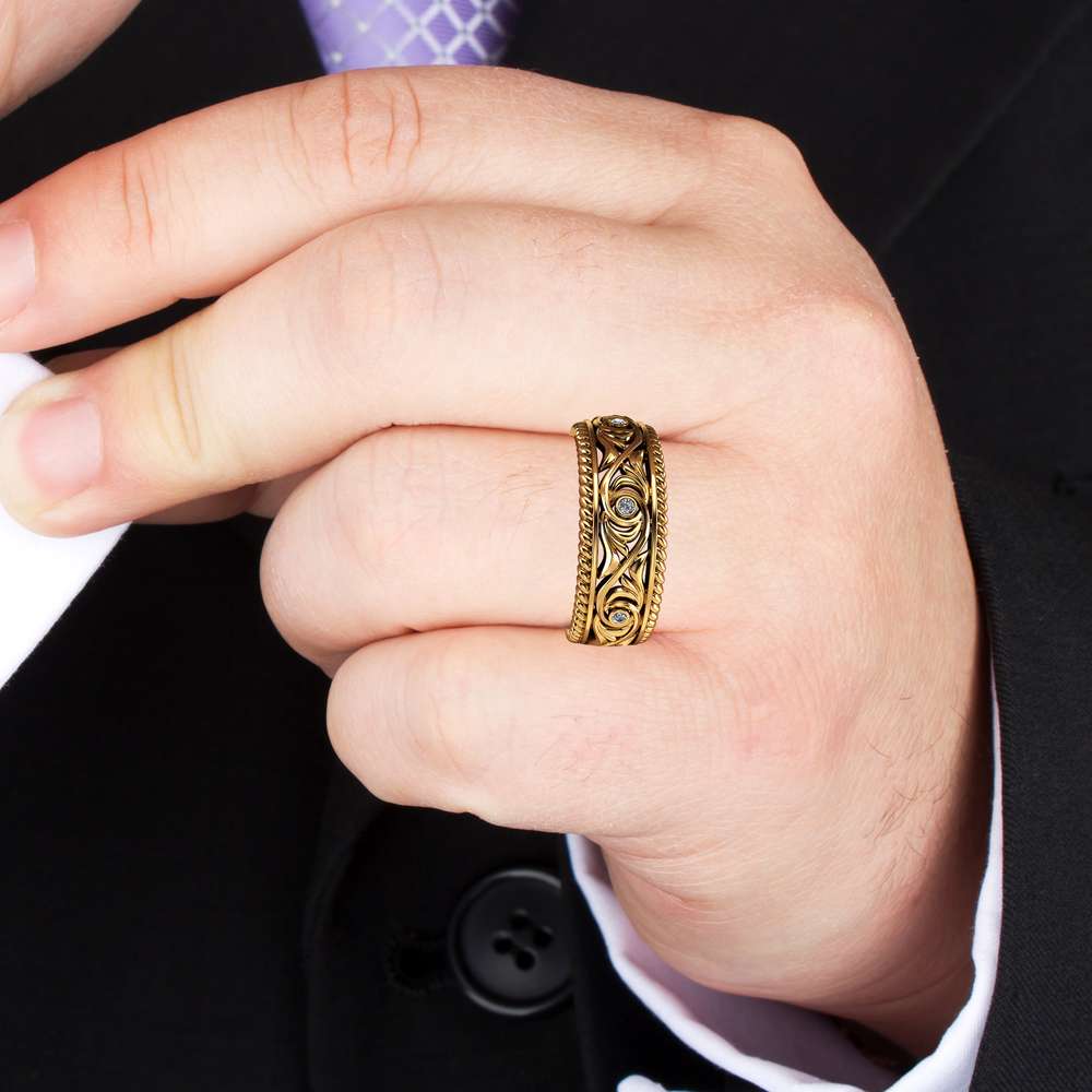 Diamond Wedding Ring 14K Yellow Gold Ring Art Deco Men's Wedding Band