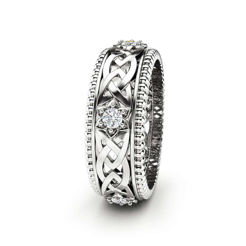 MB-0011 Diamond Wedding Ring 14K White Gold Ring Celtic Wedding Band 2 Diamond Wedding Ring 14K White Gold Ring Celtic Wedding Band