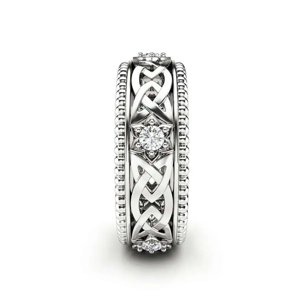 MB-0011 Diamond Wedding Ring 14K White Gold Ring Celtic Wedding Band 3 Diamond Wedding Ring 14K White Gold Ring Celtic Wedding Band